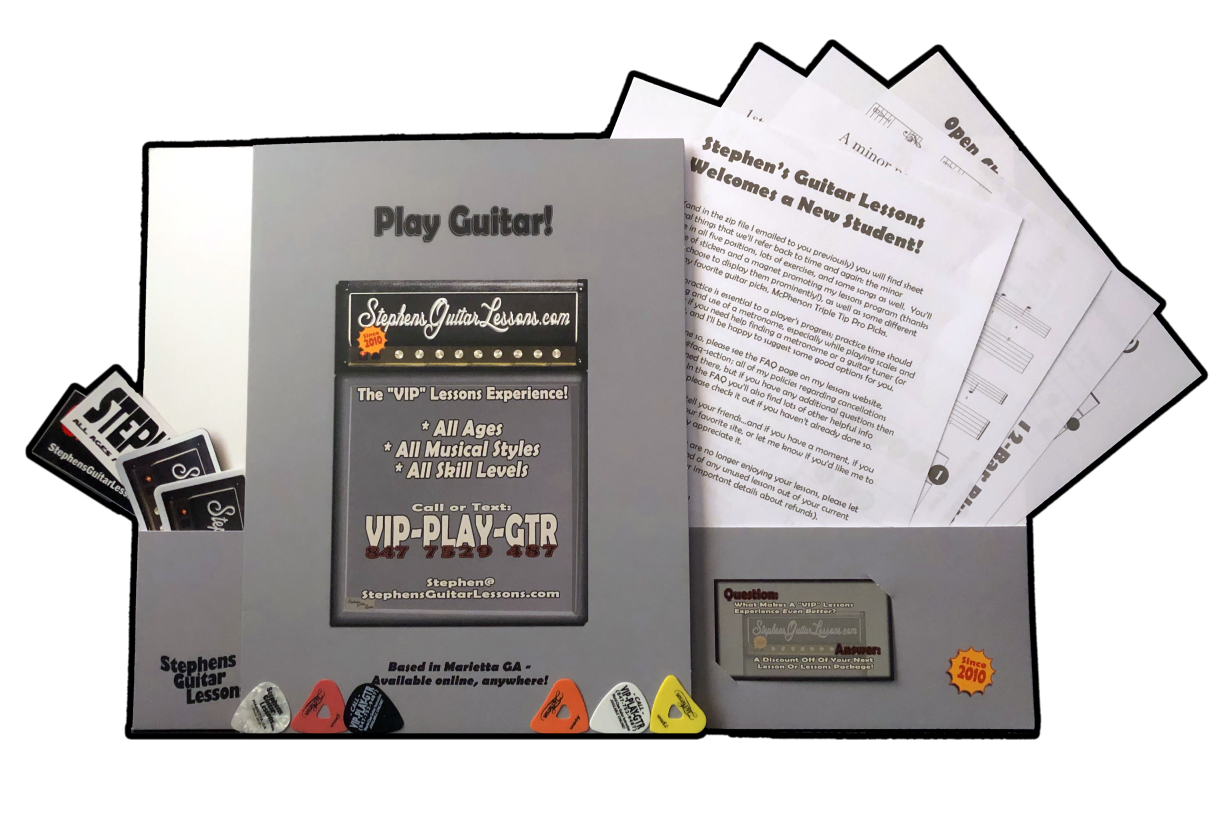 custom music folder from Stephen's Guitar Lessons, pictured with included contents